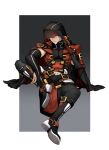  1boy alternate_costume black_gloves brown_hair ebi_pri_shrimp elbow_gloves forehead_protector gloves guilty_gear guilty_gear_strive headband highres hood hood_up long_hair looking_at_viewer male_focus muscular muscular_male partially_fingerless_gloves red_eyes simple_background sol_badguy spiky_hair 