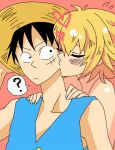  1boy 1girl ? black_hair blonde_hair blunt_bangs blush closed_eyes closed_mouth hand_on_headwear hands_on_another&#039;s_shoulders hat heart kiss kissing_cheek marguerite_(one_piece) mioda monkey_d._luffy one_piece pink_background scar scar_on_cheek scar_on_face short_hair simple_background speech_bubble straw_hat surprise_kiss surprised 