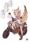  1girl baweng_satanic_leaf_gecko_(kemono_friends) blush brown_hood brown_jacket brown_pantyhose dark_skin fang hair_between_eyes hood hood_up jacket kemono_friends kishida_shiki lizard_tail motor_vehicle motorcycle necktie open_mouth orange_eyes pantyhose pleated_skirt print_hood print_jacket print_pantyhose purple_necktie reptile_girl shirt short_sleeves sidelocks skirt solo speech_bubble tail translation_request white_hair white_shirt 