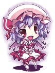  1girl ascot bat_(animal) bat_wings bloomers blue_brooch brooch chibi collared_shirt frilled_shirt_collar frilled_skirt frills full_body hat hat_ribbon jewelry looking_at_viewer lumine_(2339) mary_janes medium_hair mob_cap no_socks open_mouth pink_headwear pink_shirt pink_skirt puffy_short_sleeves puffy_sleeves purple_hair red_ascot red_eyes red_footwear red_ribbon remilia_scarlet ribbon shadow shirt shoes short_sleeves simple_background skirt solo touhou underwear v_arms white_background white_bloomers wings wrist_cuffs 