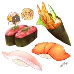  +_+ 0_0 :3 animal artist_name chibi chibi_inset chopsticks closed_mouth commentary_request cucumber dog dog_(yuki00yo) fish_(food) food food_focus gunkanmaki hands_on_own_cheeks hands_on_own_face hands_up happy holding holding_chopsticks lettuce nigirizushi original rice roe salmon sheep sheep_(yuki00yo) signature simple_background smile spring_onion sushi temakizushi tongue tongue_out white_background white_eyes yuki00yo 