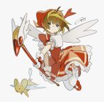  1girl 1other bow brown_hair cardcaptor_sakura dress gloves green_eyes highres holding holding_staff kero kinomoto_sakura red_bow red_dress red_footwear red_headwear shirt short_hair signature staff thigh-highs two_pokemon white_background white_gloves white_shirt white_thighhighs white_wings wings 