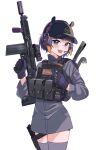  1girl absurdres blush chrispy_tuna crowbar gradient_hair gun hat highres holding holding_gun holding_weapon hololive hololive_english looking_at_viewer military military_hat multicolored_hair ninomae_ina&#039;nis open_mouth pointy_ears purple_hair simple_background smile solo tentacle_hair tentacles thigh-highs trigger_discipline virtual_youtuber weapon white_background 