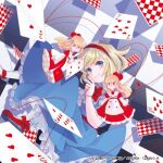 1girl album_cover alice_margatroid apron blonde_hair blue_dress blue_eyes bow buttons card checkered_background closed_mouth collar commentary_request cover dress eyelashes fingernails footwear_bow frilled_collar frilled_dress frilled_sleeves frills hair_bow hairband hanada_hyou heart holding holding_staff holding_string layered_sleeves long_dress long_hair long_sleeves lowres mary_janes official_art playing_card puffy_short_sleeves puffy_sleeves red_bow red_dress red_footwear red_hairband red_sash red_sleeves sash shanghai_doll shirt shoes short_hair short_over_long_sleeves short_sleeves sidelocks sleeveless sleeveless_dress smile socks staff string touhou touhou_cannonball white_apron white_shirt white_sleeves white_socks wide_sleeves 