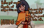  1girl black_eyes black_hair blurry blurry_background bracelet centurii-chan_(artist) dark-skinned_female dark_skin english_text eyes_in_shadow grand_theft_auto grand_theft_auto_v highres jewelry medium_hair open_mouth orange_cloak original scene_reference solo white_tunic 