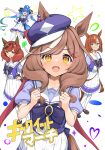  4girls :d absurdres animal_ears aqua_hair blue_bow blue_eyes blue_shirt bow braid brown_eyes brown_footwear brown_hair clenched_hands collarbone commentary_request cover cover_page frilled_skirt frills hair_ornament hairclip hand_on_own_hip hands_up heart heterochromia highres horse_ears horse_girl horse_tail ikuno_dictus_(umamusume) long_hair matikane_tannhauser_(umamusume) multicolored_hair multiple_girls nice_nature_(umamusume) outstretched_arms pantyhose parted_bangs pleated_skirt puffy_short_sleeves puffy_sleeves sakikumo_(sakumo) shirt shoes short_sleeves simple_background single_braid skirt smile solo_focus spread_arms star_(symbol) streaked_hair tail thigh-highs twin_turbo_(umamusume) twintails two-tone_hair umamusume v-shaped_eyebrows very_long_hair violet_eyes white_background white_hair white_pantyhose white_skirt white_thighhighs yellow_eyes 