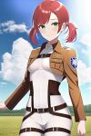  ai-generated clouds cowboy_shot green_eyes isabel_magnolia low_twintails non-web_source paradis_military_uniform redhead shingeki_no_kyojin short_hair smile solo twintails 