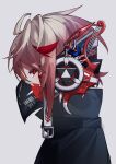  1boy absurdres ahoge artist_request barcode blonde_hair character_request from_side gradient_hair grey_background highres jacket looking_at_viewer mask multicolored_hair nijisanji profile red_eyes redhead respirator solo two-tone_hair virtual_youtuber voltaction 