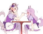  &gt;_&lt; 2girls animal_ears blush brown_headwear cake cake_slice closed_mouth elbow_rest embarrassed feeding feet_out_of_frame flying_sweatdrops food full-face_blush ggubii0225 gold_ship_(umamusume) grey_hair hat holding holding_spoon horse_ears horse_girl horse_tail invisible_chair long_hair looking_at_another mejiro_mcqueen_(umamusume) motion_lines multiple_girls plate purple_hair purple_shirt red_eyes school_uniform shirt short_sleeves simple_background sitting skirt smile spoon table tail thigh-highs tracen_school_uniform twitter_username umamusume white_background white_skirt white_thighhighs 