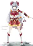  1girl absurdres alternate_costume armor artist_name boots bow closed_mouth colored_tips commentary_request english_text feathers fujiwara_no_mokou full_body grey_hair hair_bow highres japanese_armor kotatsu kusazuri long_hair looking_at_viewer low-tied_long_hair multicolored_hair red_bow red_eyes sample_watermark shoulder_armor simple_background smile sode solo standing table tadie_(innovation1998) thigh-highs touhou white_background white_thighhighs 