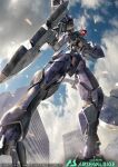  axe building clouds copyright_name dual_wielding embers from_below graze_ein gundam_arsenal_base head_tilt holding holding_axe mecha mobile_suit no_humans official_art one-eyed red_eyes robot sky solo tory_youf 