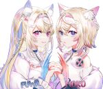  2girls absurdres ahoge animal_ear_fluff animal_ears belt_collar blonde_hair blue_eyes chain character_name collar dog_ears dog_girl fake_claws fuwawa_abyssgard headband headphones headphones_around_neck highres hololive hololive_english interlocked_fingers long_hair looking_at_viewer mococo_abyssgard multicolored_hair multiple_girls pink_eyes pink_headband short_hair siblings simple_background sisters smile sowon streaked_hair twins virtual_youtuber 