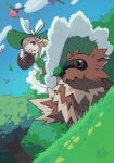  1girl blonde_hair blue_sky clouds day dress grass green_dress green_eyes green_headwear hat hoppip leaf mateus_upd one_eye_closed open_mouth outdoors pokemon pokemon_(creature) sky tree zigzagoon 