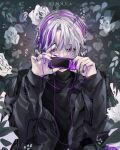  1boy black_gloves black_kimono flower fuwa_minato gloves highres japanese_clothes kimono long_hair makeup male_focus multicolored_hair nijisanji phone purple_hair redhead rose solo violet_eyes virtual_youtuber 