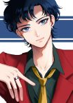  1boy bishoujo_senshi_sailor_moon black_hair blue_eyes earrings green_shirt highres jewelry koharumichi lips necktie red_suit ring seiya_kou shirt smile solo suit white_background yellow_necktie 