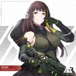 1girl artist_logo assault_rifle breasts brown_eyes brown_hair call_of_duty call_of_duty:_mobile character_name cosplay dusk_(call_of_duty:_mobile) girls_frontline gloves green_hair gun highres holding holding_gun holding_weapon long_hair looking_at_viewer m4a1_(girls&#039;_frontline) m4a1_(girls&#039;_frontline)_(cosplay) m4a1_(mod3)_(girls&#039;_frontline) mask multicolored_hair particle_cannon_case rifle skull_mask solo streaked_hair weapon 