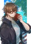  1boy alternate_hairstyle bespectacled black_jacket book brown_eyes brown_hair brown_pants closed_mouth collarbone facial_hair fate/grand_order fate_(series) fingernails glasses goatee hair_between_eyes hector_(fate) highres holding holding_book jacket long_hair long_sleeves male_focus ocean pants shirt tumikilondon5 upper_body white_shirt 