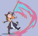  1girl artist_name black_dress black_footwear black_hood blonde_hair blush_stickers brown_hair buttons choedongtae closed_mouth dress gwen_(league_of_legends) highres holding holding_scissors holding_weapon hood hood_up league_of_legends long_sleeves official_alternate_costume oversized_object scissors smile solo soul_fighter_gwen standing standing_on_one_leg striped_sleeves twintails weapon white_dress 