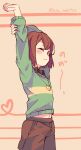  1other arm_behind_head brown_hair brown_pants chara_(undertale) green_sweater highres jewelry keroti midriff_peek necklace one_eye_closed pants red_eyes shirt stretching striped striped_shirt sweater twitter_username undertale 