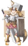  1girl alternate_costume animal_ears armor blush breastplate brown_eyes brown_fur brown_hair ears_through_headwear fang fur_collar gold_footwear greaves helmet highres japanese_wolf_(kemono_friends) kemono_friends long_hair looking_at_viewer minecraft minecraft_sword multicolored_hair open_mouth plaid plaid_skirt pleated_skirt purple_skirt shield skirt smile solo tail vulpesgentiana wolf_ears wolf_girl wolf_tail 