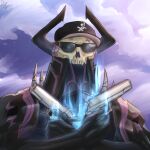  1other baseball_cap black_headwear blue_fire drogo_doggo fate/grand_order fate_(series) fire glowing glowing_eyes gun hat highres horns king_hassan_(fate) mask portrait skull skull_mask solo spikes sunglasses weapon 
