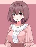  1girl :d blush bob_cut bow breasts brown_hair center_frills collarbone dot_nose frilled_shirt frills hair_between_eyes hair_bow high-waist_skirt highres ibuki_nagisa idoly_pride large_breasts letterboxed long_sleeves looking_at_viewer momori_mitsuba open_mouth pink_background pink_bow pink_eyes pink_shirt pink_skirt shirt short_hair sidelocks simple_background skirt smile solo upper_body 