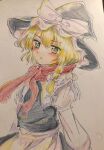  1girl apron black_headwear black_skirt black_vest blonde_hair braid colored_pencil_(medium) hat hat_ribbon highres kirisame_marisa long_sleeves orya_422 red_scarf ribbon scarf shirt skirt solo touhou traditional_media vest waist_apron white_apron white_shirt witch witch_hat yellow_eyes 