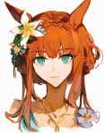 1girl absurdres animal_ears aqua_eyes bare_shoulders braid closed_mouth collarbone commentary crown_braid flower hair_flower hair_ornament highres hikawayunn horse_ears horse_girl jewelry looking_at_viewer necklace official_alternate_costume official_alternate_hairstyle portrait short_hair silence_suzuka_(emerald_on_the_waves)_(umamusume) silence_suzuka_(umamusume) simple_background smile solo summer&#039;s_sunlight_fades_to_blue_(umamusume) umamusume white_background 