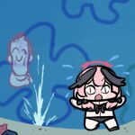  1girl arona&#039;s_sensei_doodle_(blue_archive) bikini blue_archive flying_sweatdrops halo hand_wave head_wings hose jazz_jack koharu_(blue_archive) koharu_(swimsuit)_(blue_archive) lowres panicking parody running sensei_(blue_archive) spongebob_squarepants swimsuit wings 