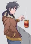  1boy black_eyes black_hair blue_pants bomber_jacket brown_jacket can canned_coffee cigarette commentary_request cowboy_shot fingernails grey_background grin hand_in_pocket holding holding_cigarette inudori itou_kaiji jacket kaiji long_hair looking_at_viewer male_focus medium_bangs pants pointy_nose smile smoke smoking solo v-shaped_eyebrows 