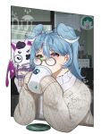  cafe cup elira_pendora elira_pendora_(3rd_costume) glasses green_eyes highres holding holding_cup kiekoio nijisanji nijisanji_en pikl_(elira_pendora) sweater window_fog 