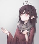  1girl ahoge black_hair cool_moon_(16147979) gem grey_scarf irina_luminesk long_hair looking_up open_hand pointy_ears red_eyes red_shirt scarf shirt snow snowing solo tsuki_to_laika_to_nosferatu white_background 