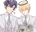  2boys arknights black_halo blonde_hair blue_eyes bouquet collared_shirt ear_piercing executor_(arknights) flamebringer_(arknights) flower_in_mouth halo highres holding holding_bouquet horns lawliet1095 multiple_boys oripathy_lesion_(arknights) piercing pointy_ears purple_hair shirt suit white_background white_suit 