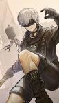  1boy absurdres black_blindfold black_coat black_gloves blindfold choker coat deka_yo from_below gloves highres male_focus nier:automata nier_(series) pod_(nier:automata) short_hair shorts smile solo sword weapon white_hair yorha_no._9_type_s 