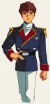  1980s_(style) 1boy :| amuro_ray belt black_belt blue_coat blue_eyes brown_hair char&#039;s_counterattack closed_mouth coat film_grain gundam hand_on_own_hip hasemil long_sleeves looking_at_viewer male_focus neo_zeon pants retro_artstyle shirt short_hair simple_background solo standing straight-on turtleneck white_background white_pants white_shirt 