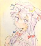  1girl bow bowtie colored_pencil_(medium) crescent crescent_hat_ornament hair_bow hat hat_ornament highres long_hair looking_at_viewer mob_cap orya_422 patchouli_knowledge purple_hair red_bow red_bowtie touhou traditional_media violet_eyes 