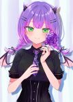  1girl absurdres blush braid commentary_request demon_girl demon_horns demon_wings fang flower green_eyes highres hololive horns ineka_ka long_hair looking_at_viewer low_twin_braids necktie purple_flower purple_hair purple_necktie purple_rose rose shadow skin_fang smile tokoyami_towa tokoyami_towa_(4th_costume) twin_braids upper_body virtual_youtuber wings 