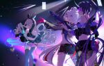  +_+ 3girls bare_shoulders blue_eyes blunt_bangs bronya_zaychik closed_mouth concert crop_top dark_background grey_eyes grey_hair hair_between_eyes hair_ornament hairclip headphones highres holding holding_instrument honkai_(series) honkai_impact_3rd horns instrument kiana_kaslana light_rays lights long_hair looking_afar microphone multiple_girls music musical_note off_shoulder playing_instrument ponytail purple_hair raiden_mei sakotoc shorts stage_lights sunglasses violet_eyes white_hair 