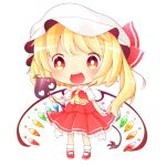  1girl ascot back_bow blonde_hair bow chibi collared_shirt crystal flandre_scarlet frilled_ascot frilled_shirt_collar frilled_skirt frills full_body hat holding holding_polearm holding_weapon kokochi laevatein_(touhou) long_hair looking_at_viewer mary_janes mob_cap multicolored_wings open_mouth pigeon-toed polearm puffy_short_sleeves puffy_sleeves rainbow_order red_eyes red_footwear red_skirt red_vest shirt shoes short_sleeves simple_background skirt skirt_set socks solo standing teeth touhou upper_teeth_only vest weapon white_background white_bow white_headwear white_shirt white_socks wings yellow_ascot 