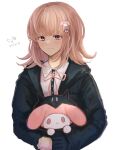  1girl black_jacket black_shirt blush brown_hair cosplay danganronpa_(series) danganronpa_2:_goodbye_despair dress_shirt flipped_hair galaga hair_ornament highres hood hood_down hood_up hooded_jacket jacket looking_at_viewer medium_hair nanami_chiaki nanami_chiaki_(cosplay) neck_ribbon pink_ribbon ribbon rorikon_shinshi sanrio shirt simple_background solo translation_request upper_body white_background white_shirt 