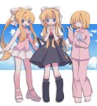  3girls air_(visual_novel) argentinosaurus ascot barefoot black_dress black_footwear black_socks blonde_hair blue_eyes blue_sky boots closed_eyes clouds dress hair_ribbon highres kamio_misuzu long_hair multiple_girls multiple_persona official_alternate_hair_length official_alternate_hairstyle pajamas pink_pajamas pink_shirt pleated_skirt ponytail red_ascot ri_(qrcode) ribbon school_uniform shirt short_hair skirt sky sleeveless sleeveless_shirt socks stuffed_dinosaur toeless_footwear white_shirt white_skirt 