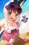  1girl alternate_costume animal_ears bare_shoulders bat_(animal) bat_ears bat_girl bat_wings beach bikini bikini_skirt blush brown_hair brown_long-eared_bat_(kemono_friends) eyewear_on_head fang flower frilled_skirt frills hair_flower hair_ornament highres innertube kedama_(ughugjydthjdf) kemono_friends multicolored_hair ocean open_mouth orange_eyes pink_bikini pink_footwear sandals short_hair skirt smile solo striped striped_bikini sunglasses swimsuit two-tone_hair white_hair wings 