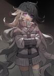  1girl @_@ bound commentary_request cowboy_shot grey_hair grey_jacket grey_thighhighs highres jacket long_hair looking_at_viewer open_mouth original restrained saz8720 solo standing straight-on teeth thigh-highs tied_up_(nonsexual) tongue very_long_hair violet_eyes wavy_hair 