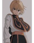  1boy absurdres androgynous blonde_hair earrings enoki_(gongindon) floating_hair highres hunter_x_hunter jewelry kurapika long_sleeves looking_at_viewer male_focus official_style red_eyes serious short_hair simple_background single_earring solo 