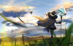  1girl blue_hair braid brown_cape cape day dress es_limi floating_castle from_above grass hat highres holding holding_staff horizon long_braid long_hair mountain mushoku_tensei pants roxy_migurdia scenery sky solo staff twin_braids very_long_hair white_dress white_pants witch_hat 
