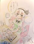  1girl 1other ascot black_ascot black_bow black_bowtie bow bowtie colored_pencil colored_pencil_(medium) cup drinking_glass green_vest hairband ice ice_cube index_finger_raised konpaku_youmu looking_at_viewer menu menu_board notebook orya_422 pen pencil pointing restaurant shirt short_sleeves sitting solo_focus speech_bubble touhou traditional_media vest waiter water white_background white_shirt 