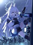  1girl animal_ear_headphones animal_ears blue_archive blue_halo bulletproof_vest city city_lights clov3r fake_animal_ears gun halo headphones highres holding holding_gun holding_weapon long_hair miyako_(blue_archive) night night_sky rabbit_ear_headphones sky solo tactical_clothes violet_eyes weapon white_hair 