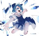  1girl blue_bow blue_dress blue_eyes blue_hair bow cirno collared_shirt detached_wings dress evil_smile glass_shards hair_bow highres ice ice_wings ikurauni neck_ribbon open_mouth pinafore_dress red_ribbon ribbon shirt short_hair short_sleeves simple_background sleeveless sleeveless_dress smile solo teeth touhou white_background white_shirt wings 