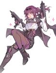  1girl absurdres boots chest_harness eyewear_on_head gloves gun harness high_heel_boots high_heels highres holding holding_gun holding_weapon honkai:_star_rail honkai_(series) kafka_(honkai:_star_rail) knee_up looking_at_viewer paiiart pantyhose purple_gloves purple_hair round_eyewear shirt smile solo sparkle submachine_gun sunglasses violet_eyes weapon white_shirt 