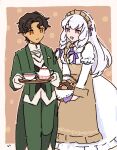  1boy 1girl black_hair butler cookie cup cyril_(fire_emblem) dolly_deer fire_emblem fire_emblem:_three_houses fire_emblem_heroes food highres lysithea_von_ordelia maid official_alternate_costume teacup teapot white_hair 